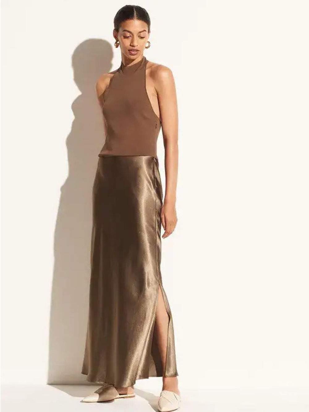 Vince Brown Satin Halter Midi Dress with Side Slit